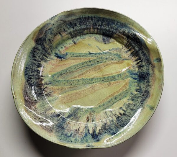 A plate with some blue and yellow colors on it