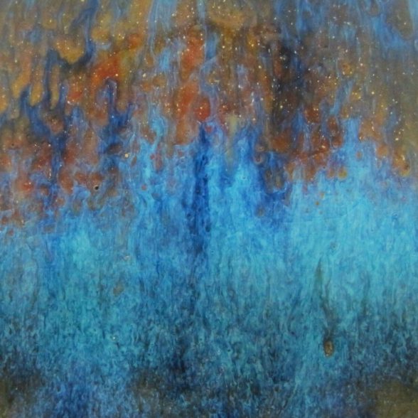 A blue and brown abstract painting with some kind of blurry image